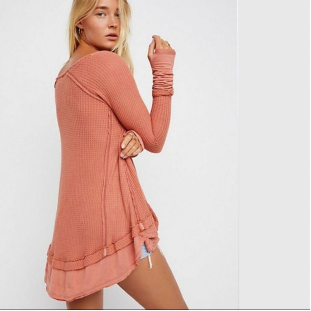 Free People Laguna Waffle Knit Thermal Oversized Boho in Cocoa Rust Orange XS